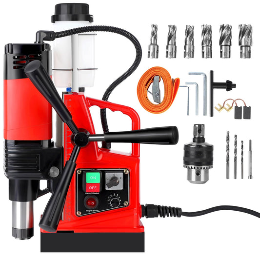 COZONY Mag Drill Press, 1400W 810RPM Portable Magnetic Drill Press, 10-Speed Core Electric Drilling Machine for Metal Working,10Pcs Annular Cutters Drilling Bits，Red