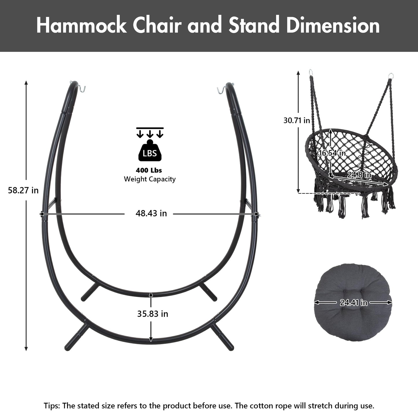 ANOW Hammock Swing with Stand Included, Outdoor Hanging Swing Chair with Stand and Removable Seat Cushion, Max 400 Lbs, Dark Grey