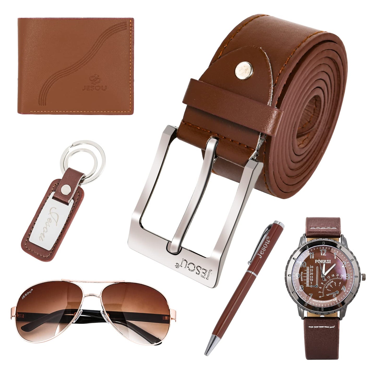 Baojulong 6pcs Men's Gift Set with Box Brown Leather Belt Wallet Watch Glasses Keychain Ballpoint Pen Gifts for Men, Valentines Day Gifts for Him