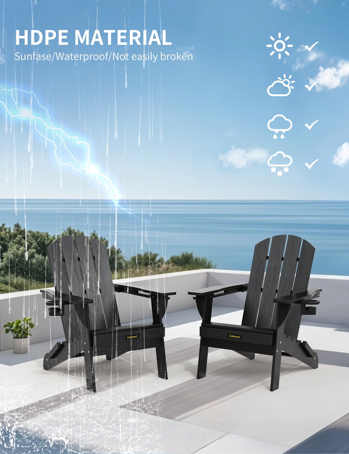 Folding Adirondack Chair, Wooden Textured Plastic Adirondack Chairs with 2 Cup Holder, Weather Resistant HDPE Fire Pit Chair, Outdoor Patio Chairs for Garden, Backyard, Lawn, Deck, 380LBS, Black