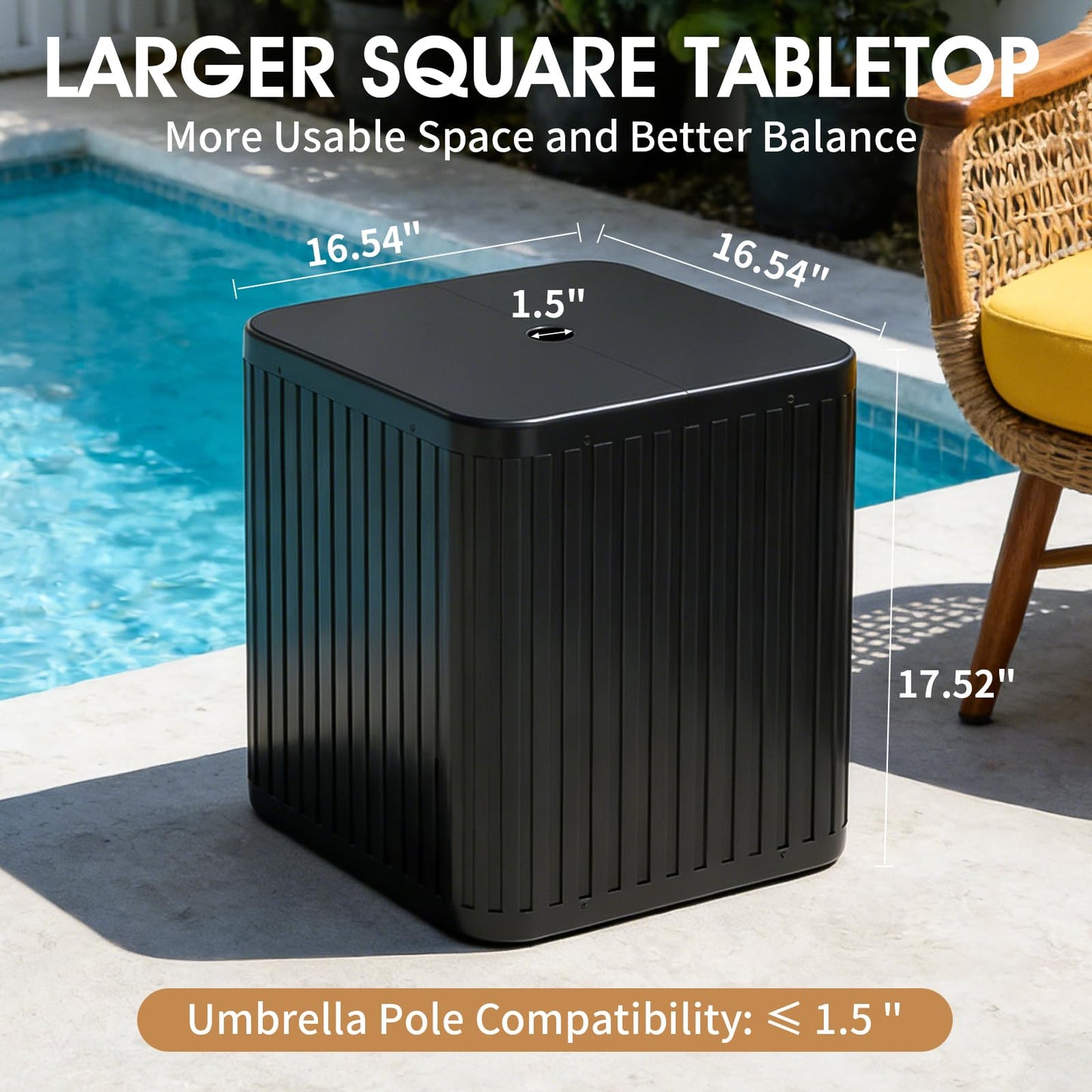 BoYata Outdoor Umbrella Side Table, 2-in-1 Outdoor Side Table with Umbrella Hole, 15.9 Gallon Fillable Umbrella Stand Base, Fit Up to 1.5" Pole, Square Patio Side Table for Poolside, Deck, Matte Black