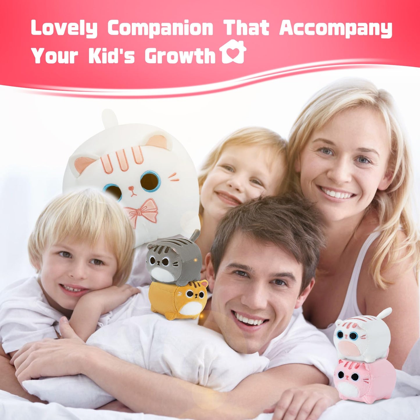 White Cat Plush, 5 PCS Cat Plush Stuffed Animal Family, 16" White Cat Mommy Plushie with 4 Baby Kittens Cat Plushies for Kids, Kawaii Cat Plush Toy Christmas Birthday Gifts for Kids Boys Girls