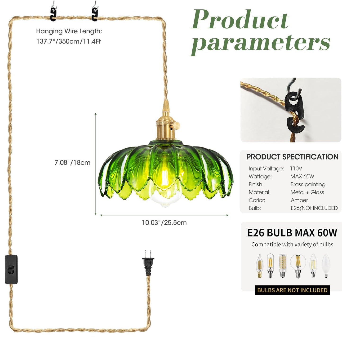 Beser·Win Plug in Pendant Light, Hanging Lights with Plug in Cord, Hanging Light Fixture with Green Glass, E26 Pendant Lighting for Kitchen Island, Bedroom, Dining Room, Living Room