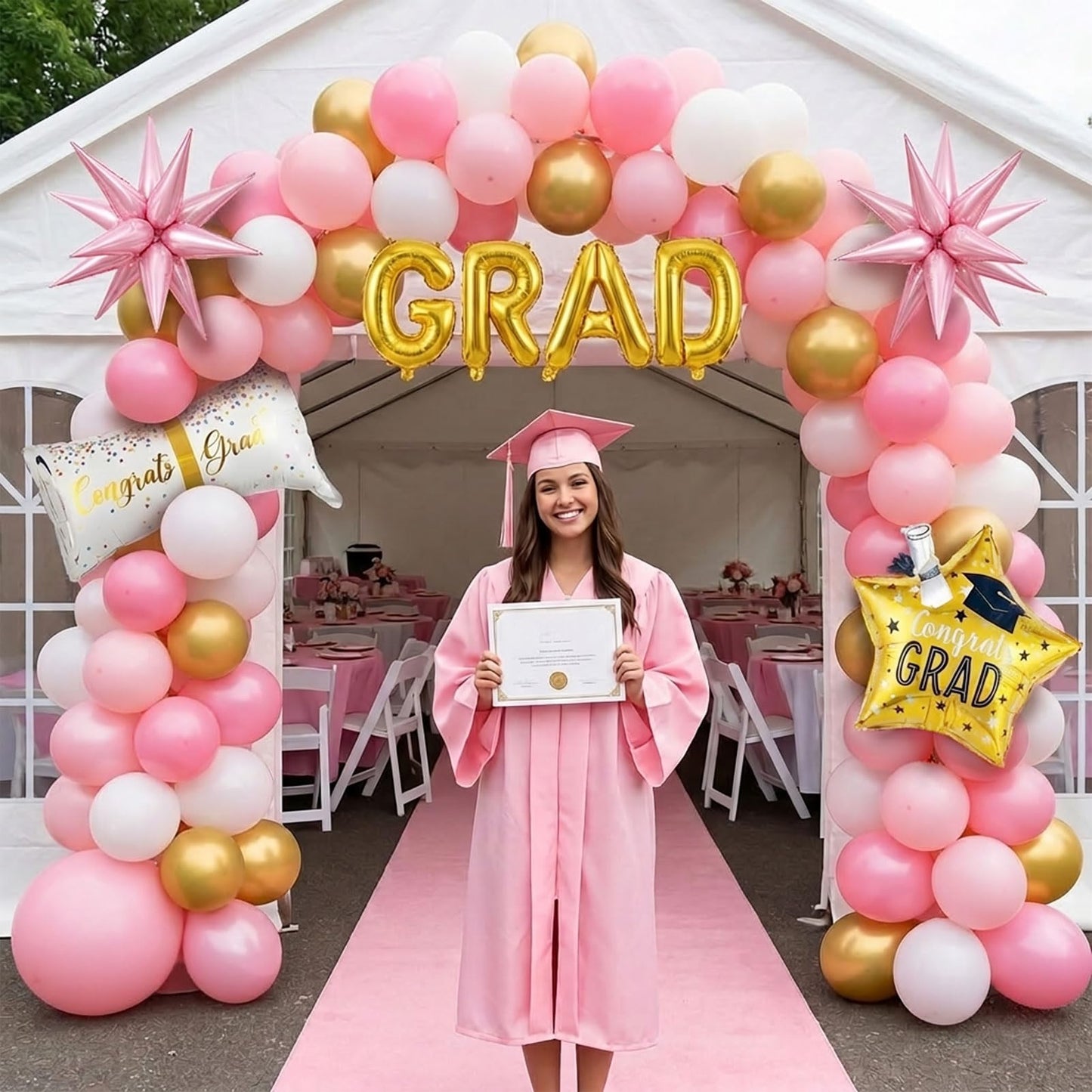 Pink and White Gold Grad Balloon garland arch kit 145pcs With Large Gold Star GRAD Letter balloons for 2026 graduations decorations Prom girl's birthday party supplies
