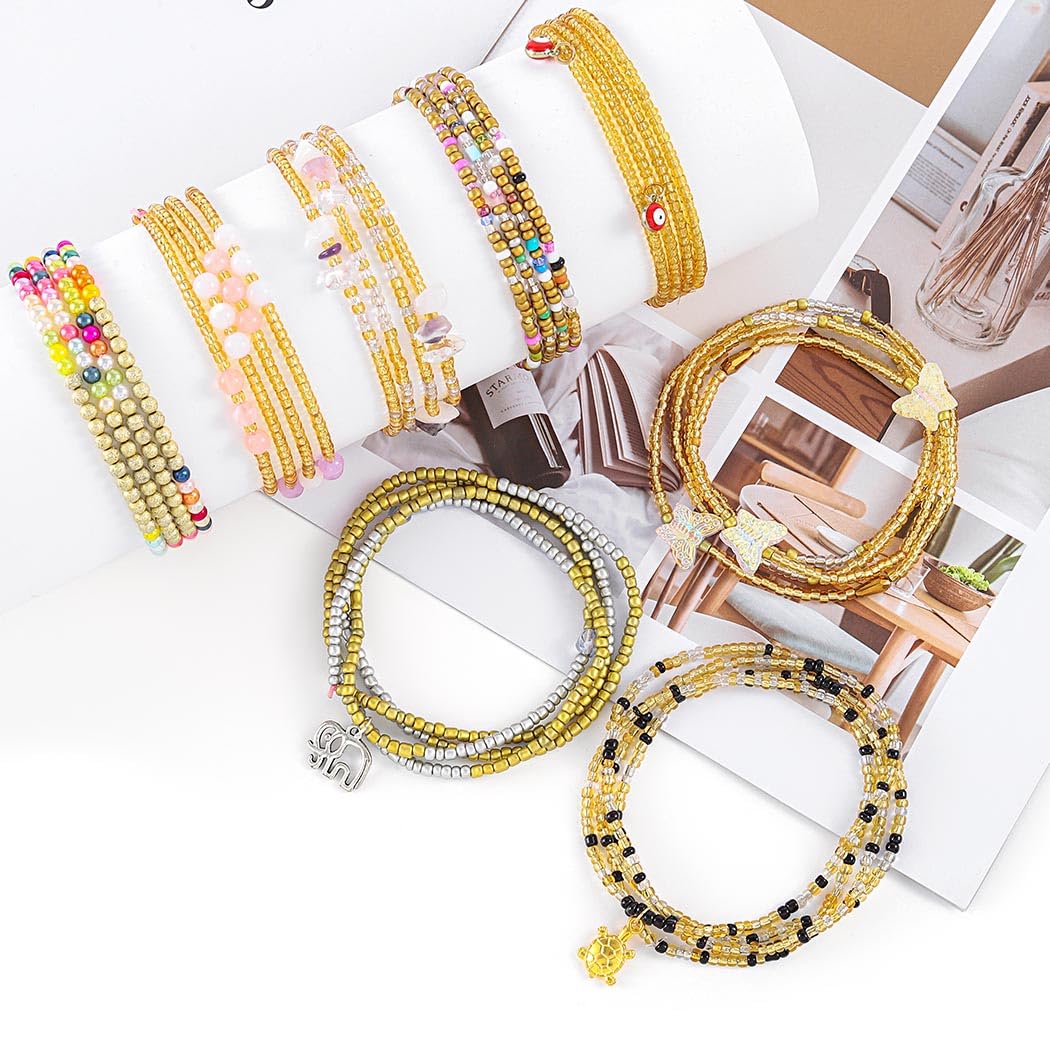 ELABEST 24-39inch African Waist Beads for Women 8Pcs Elastic Belly Beads Colorful Beaded Waist Jewelry Accessories Body Chain (Gold, 23.6inch/60cm)