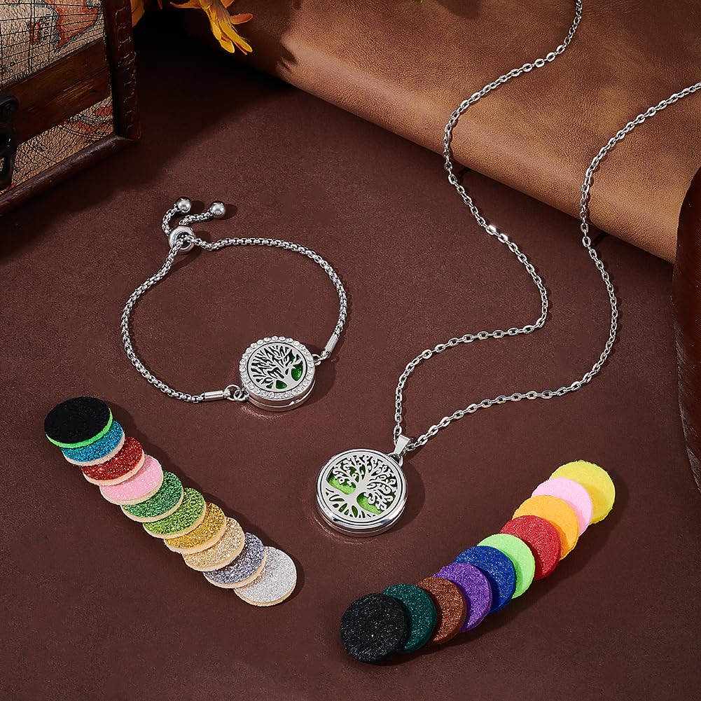 PH PandaHall 2pcs Essential Oil Diffuser Bracelet Necklace Set, Tree of Life Stainless Steel Pendants Charms Adjustable Aromatherapy Locket Jewelry with 20 Random Color Refill Pad for Women Mom Gift