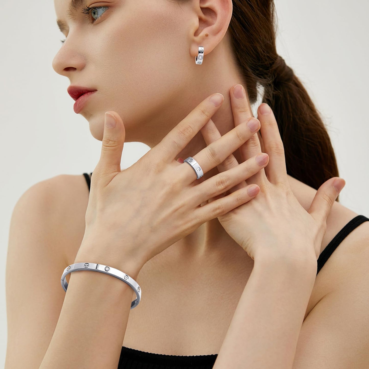 3 Pcs Hoop Earrings Bracelets Ring Sets for Women-Silver Love Bracelet CZ Cuff Bangle Hoop Earrings Friendship Love Ring Jewelry Set,Wedding Party Christmas Valentine's Day Birthday Gifts for Her
