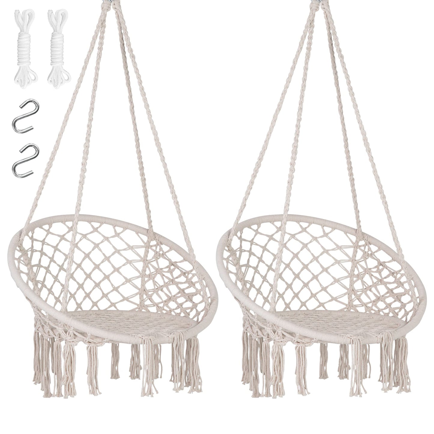SUNCREAT Hammock Chair Macrame Swing with Side Pocket, Hanging Cotton Rope Hammock Swing Chair for Indoor and Outdoor Use, 330 lbs Capacity, Pack of 2, Beige