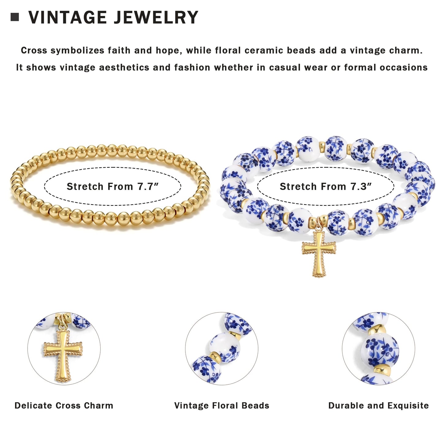 VIBILIA Cross Bracelets for Women, Cross Charm Vintage Jewelry, Flower Beaded Bracelet, Handmade Stretch Jesus Baptism Romantic Christian Birthday Gifts for Women on Easter Mother's Day, Blue Gold