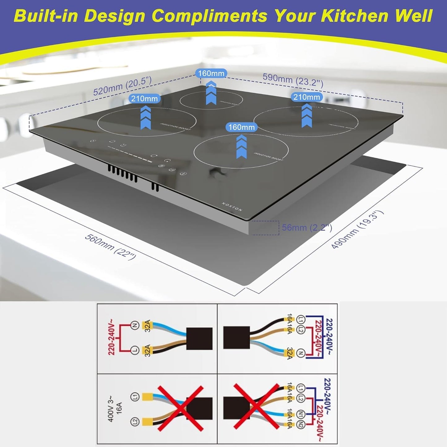 Noxton Induction Cooktop 4 Burners, 24 Inch Induction Stove Slide Touch Control, 9 Power Level, Fast Heating Boost Function, Timer, Safe Lock, Built-in Electric Cooktop, 8200W, 220~240v Hard Wire