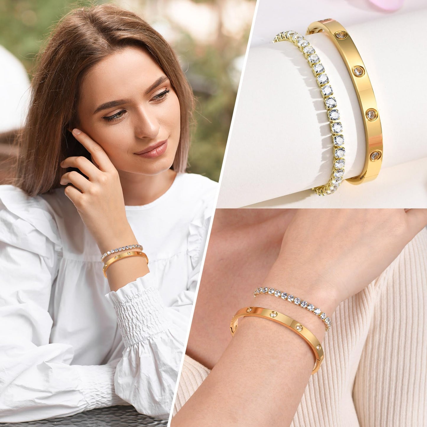 MPRAINBOW Gold Bracelets for Women, 2Pcs 18K Gold Plated Cubic Zirconia Bangle Crystal Friendship Bracelet Jewelry,Wedding Party Christmas Birthday Gift for Girlfriend Sister Daughter