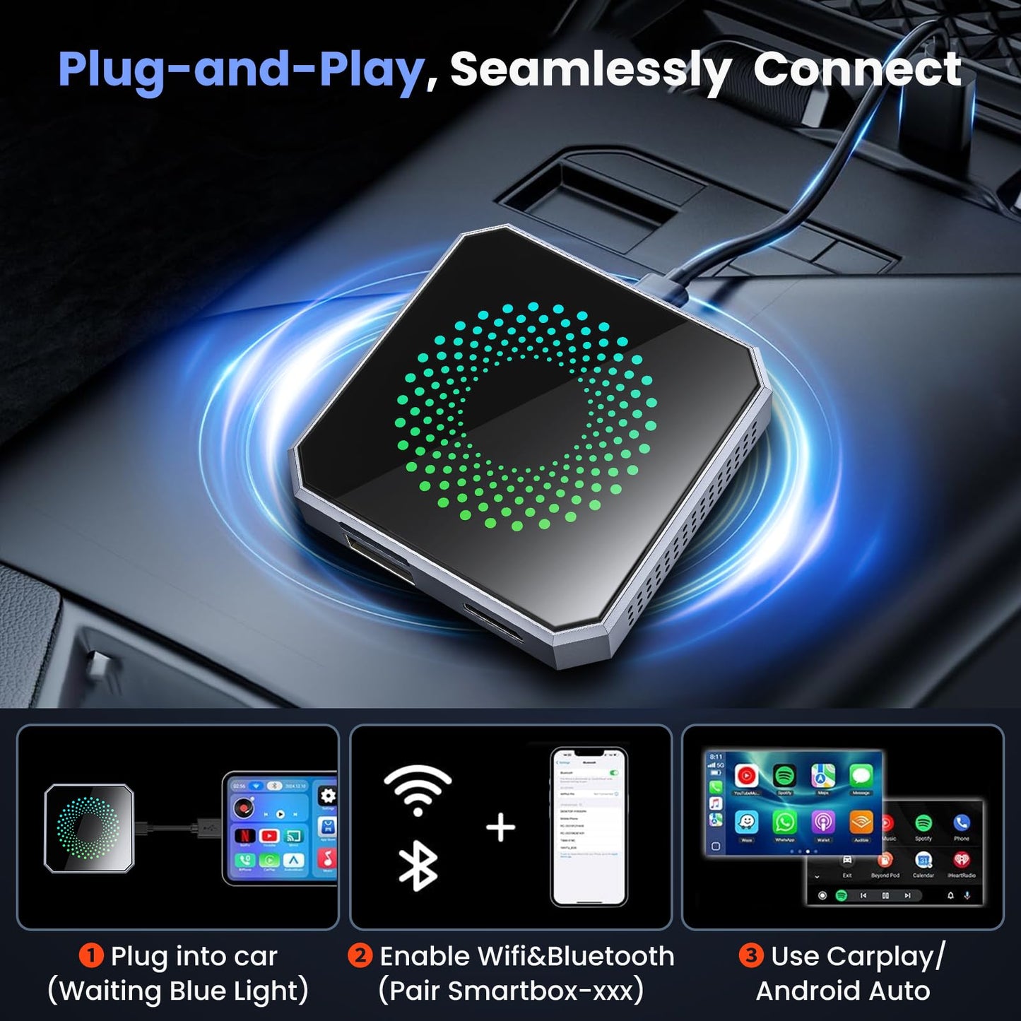 5-in-1 Wireless CarPlay & Android Auto Adapter with Netflix/YouTube, [Supports 4K HDMI Output & Screen Mirroring] - Plug & Play Car Play Wireless Smart AI Box for Cars with OEM Wired CarPlay/Auto