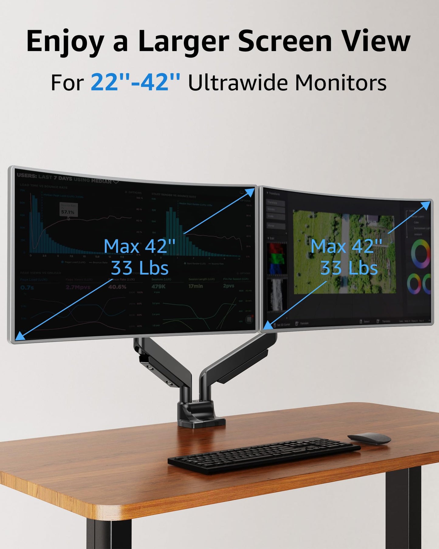 MOUNTUP Dual Monitor Mount fits 42 40 39 37 34 32 27 inch Ultrawide Screen, Holds 6.6-33lbs, Dual Monitor Arm Desk Mount, Heavy Duty Monitor Stand for 2 Monitors, with Clamp/Grommet Base