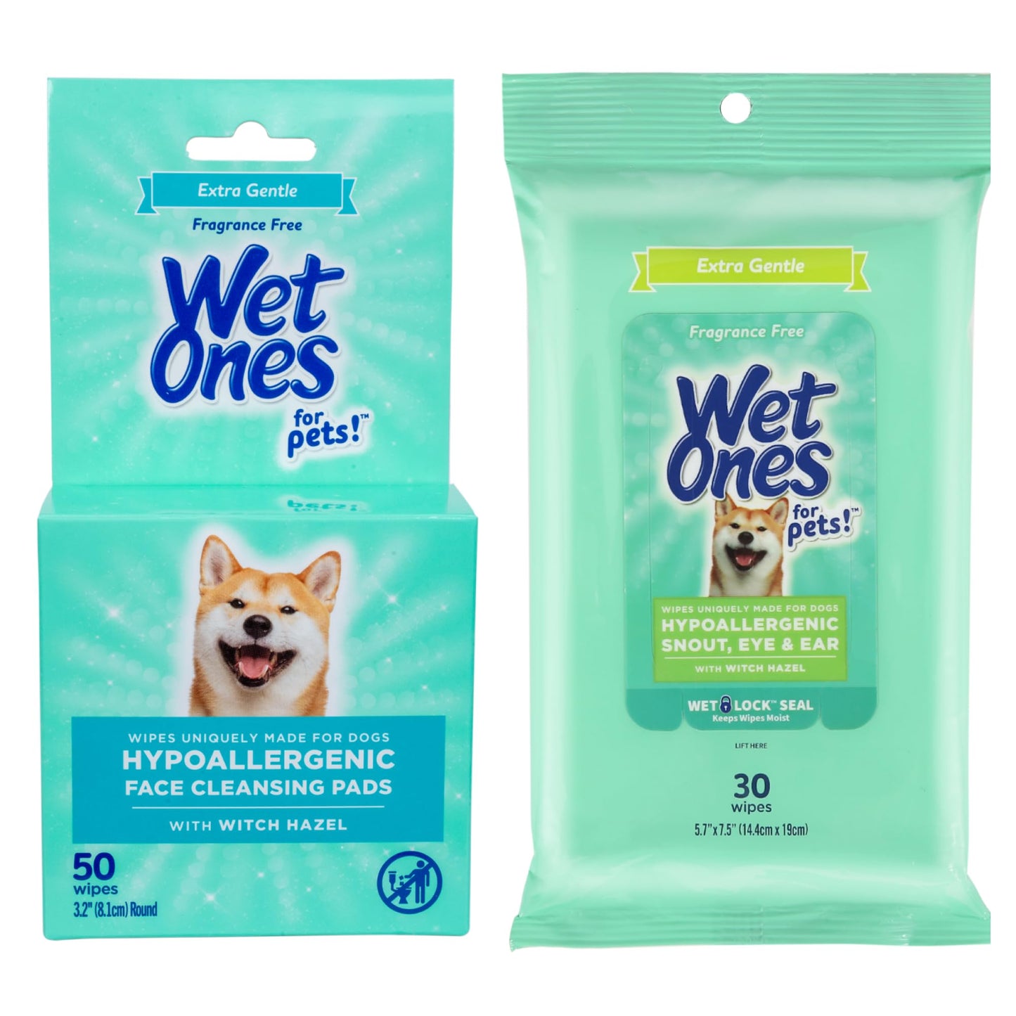 Wet Ones for Pets Hypoallergenic Face Cleansing Pads Fragrance-Free 3.2 in Round 50 ct + Extra Gentle Dog Wipes with Witch Hazel Fragrance-Free Snout Eye Ear 30 ct Bundle