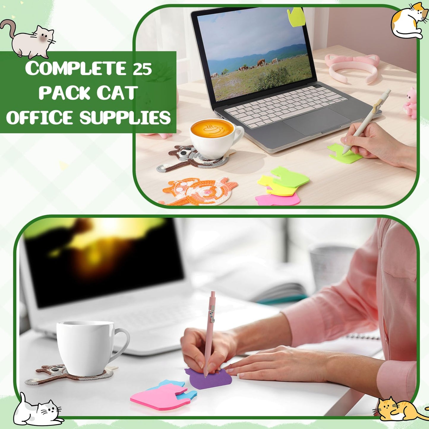 Cat Lover Gift Set for Women, 25 Pack with Tote Bag, Socks, Pens, Sticky Notes, Paper Clips and Crochet Coasters, Teacher Appreciation Gifts for Women, End of School Year