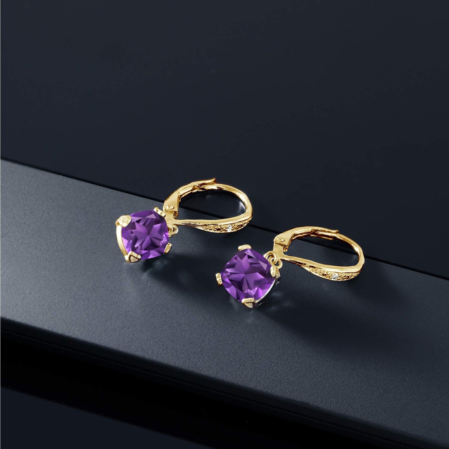 Gem Stone King Drop Dangle Earrings For Women | 7MM Cushion Cut Gemstone Birthstone and Diamond | 925 Sterling Silver | Jewelry Gift for Mom Wife Her | Amethyst-February | Yellow Gold