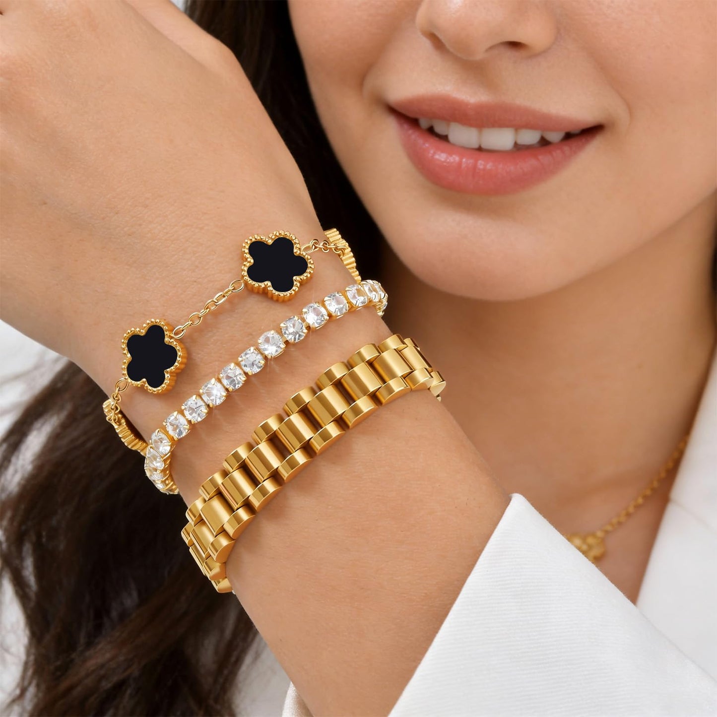 Stackable Gold Floral Bracelets Set - 3pcs 18K Gold Plated Bracelet Non-tarnish,Stainless Steel Link Chain Friendship Bracelet,Watch Band Trendy Jewelry,Christmas Valentines Birthday Gifts for Women