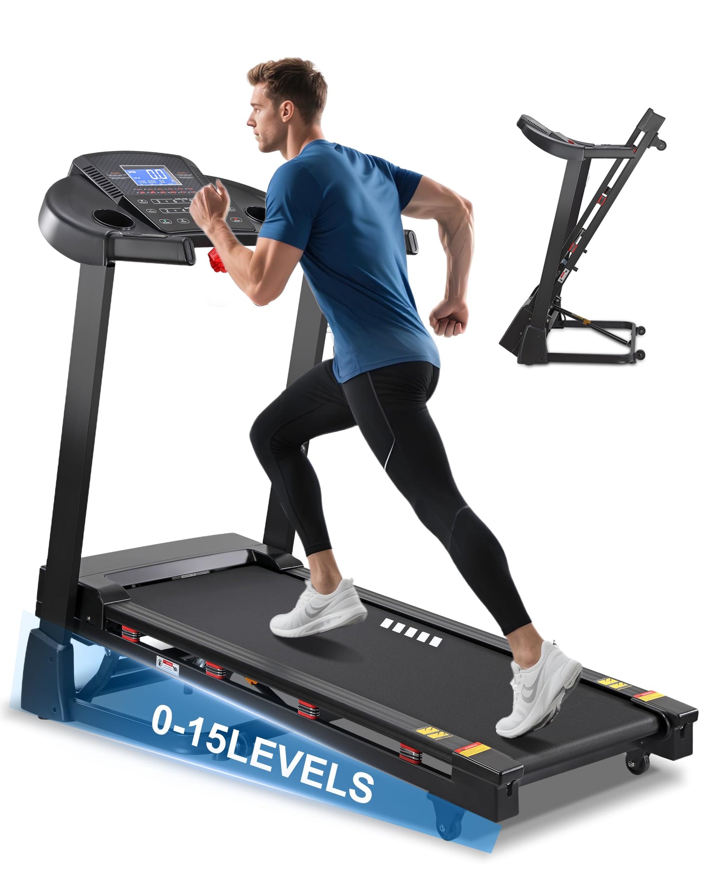 ECHANFIT Treadmill with 15-Level Auto Incline, Folding Treadmill for Home, 0.6-10 MPH, 350 LB Capacity, 18.11" Wide Running Belt, 3.5 HP, Shock Absorption, Bluetooth Speaker & App (Black)