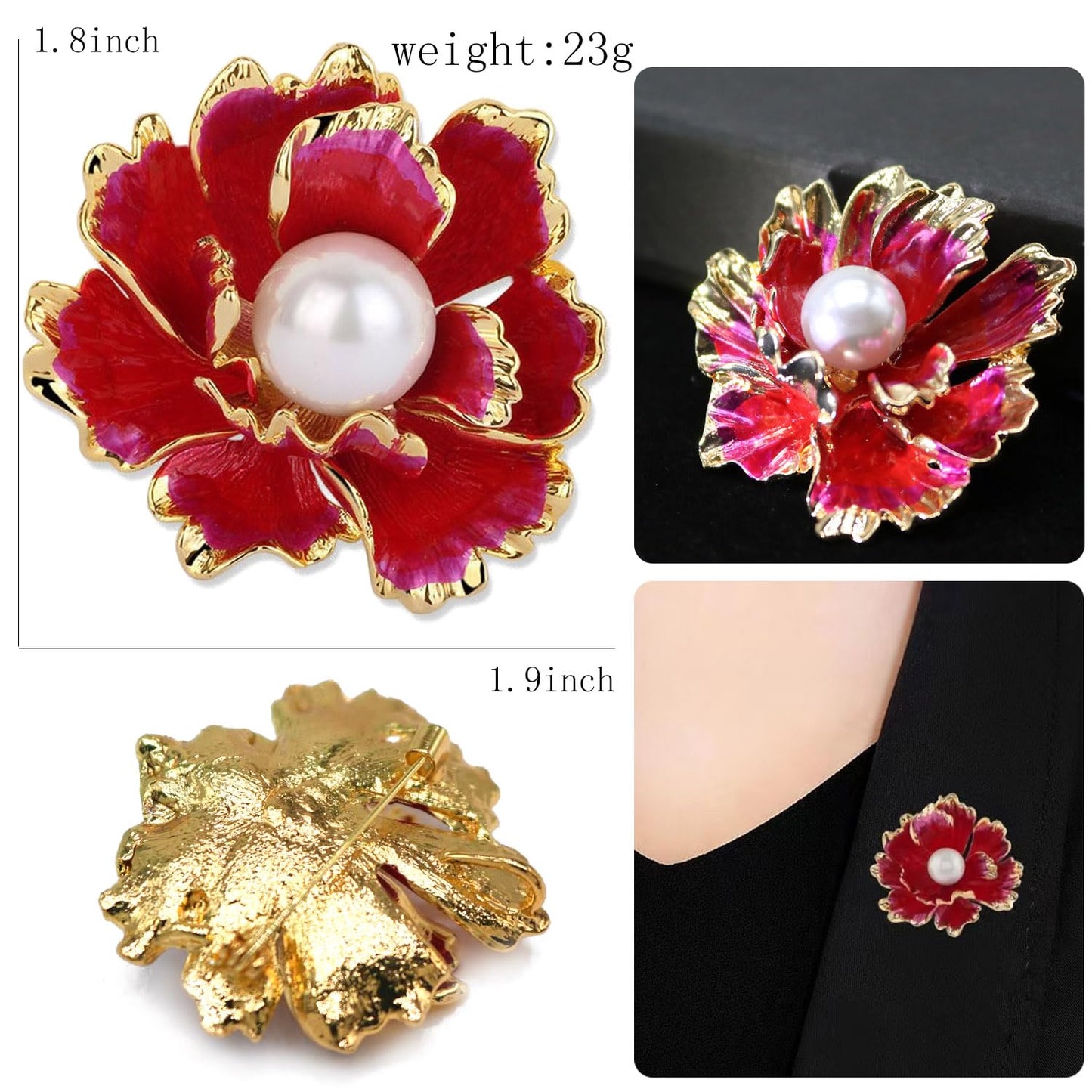 Red/White Enamel Peony Flower Crystal Brooches Pins Fashion Beautiful Created Rhinestone Pearl Floral Brooch Good Idea for Party Dance Wedding Banquet for Elegant Women Girl (Red Enamel Flower)