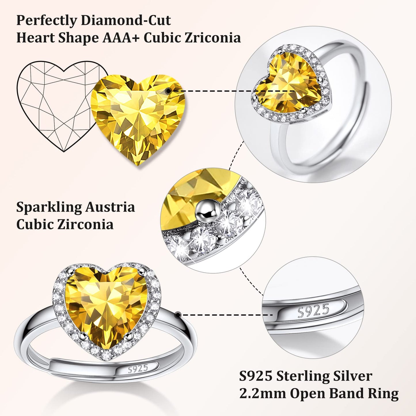 Bestyle S925 Sterling Silver Heart Crytsal Rings, Dainty November Critine Crystals Birthstone Rings, Anniversary/Mother’s Day/Birthday Jewelry Gifts for Women Mom/Wife/Sister/Best Friend