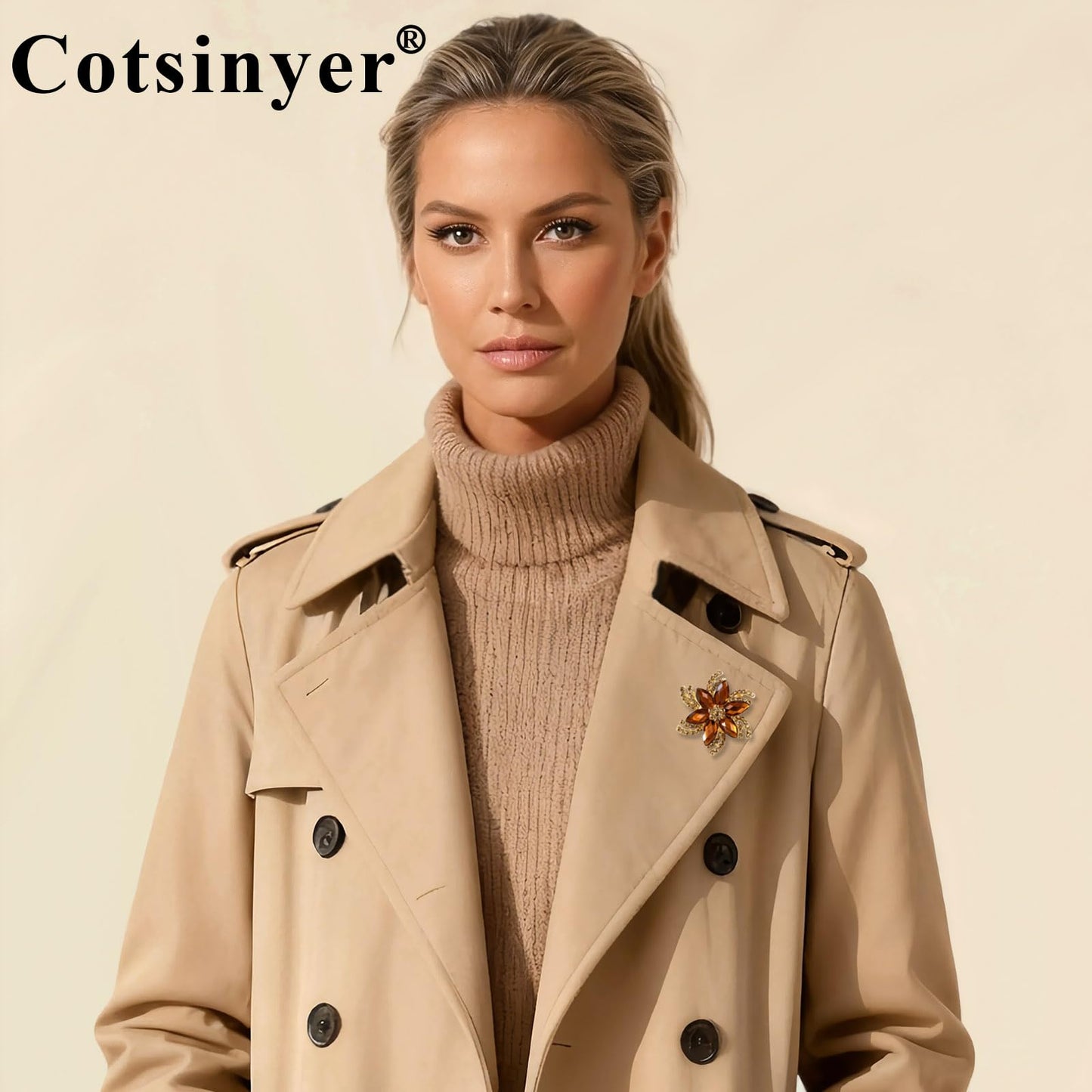 Cotsinyer Vintage Flower Brooch for Women - Elegant Gold-Toned Lapel Pin with Brown Rhinestones & Crystals for Suits, Coats, Dresses, Hats, Scarves and Shawls