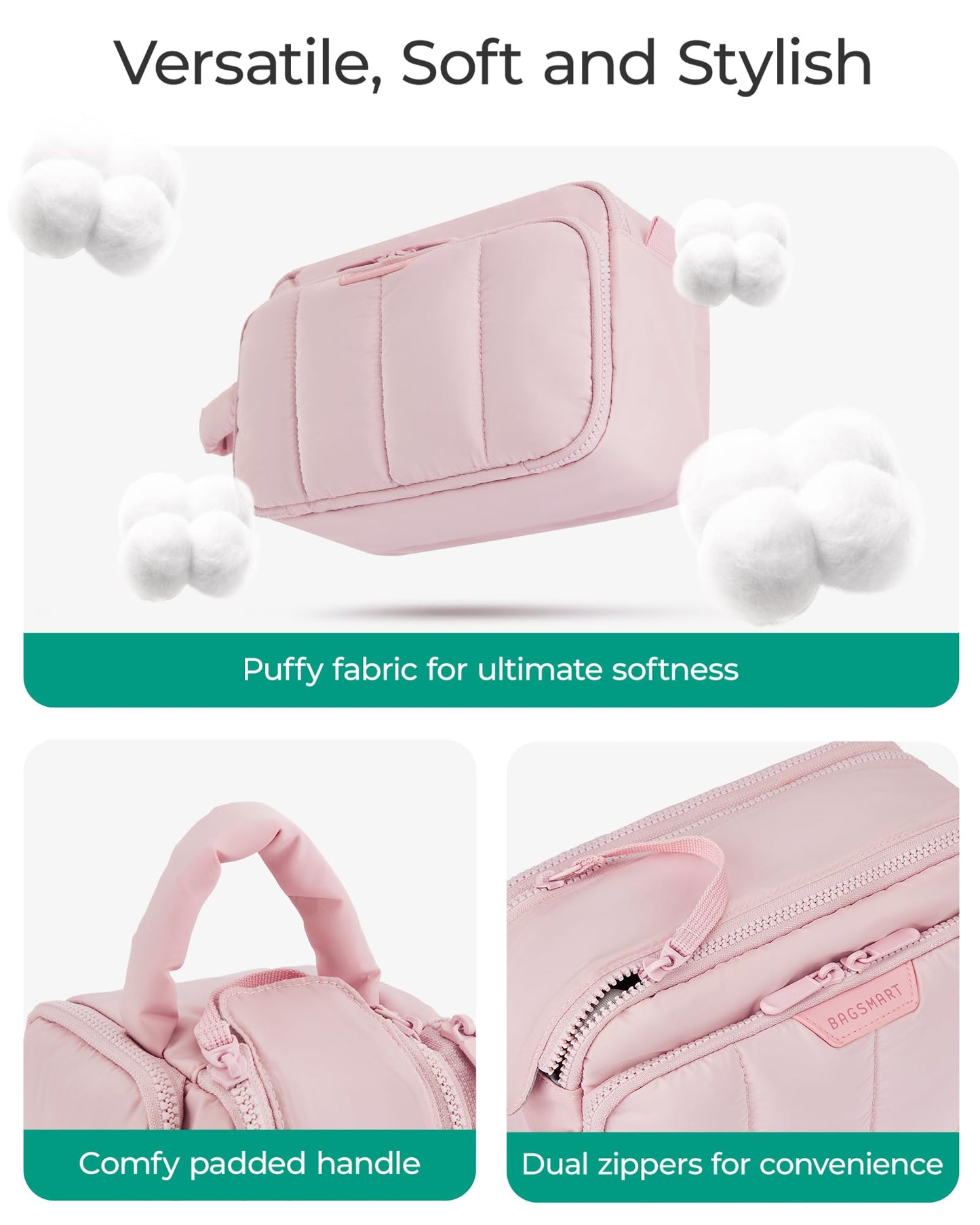 BAGSMART Travel Toiletry Bag for Women, Wide-open Makeup Bag Organizer, Puffy Make Up Case, Large Capacity Cosmetic Organizer for Women for Travel Essentials Toiletries Accessories (Nude Pink)