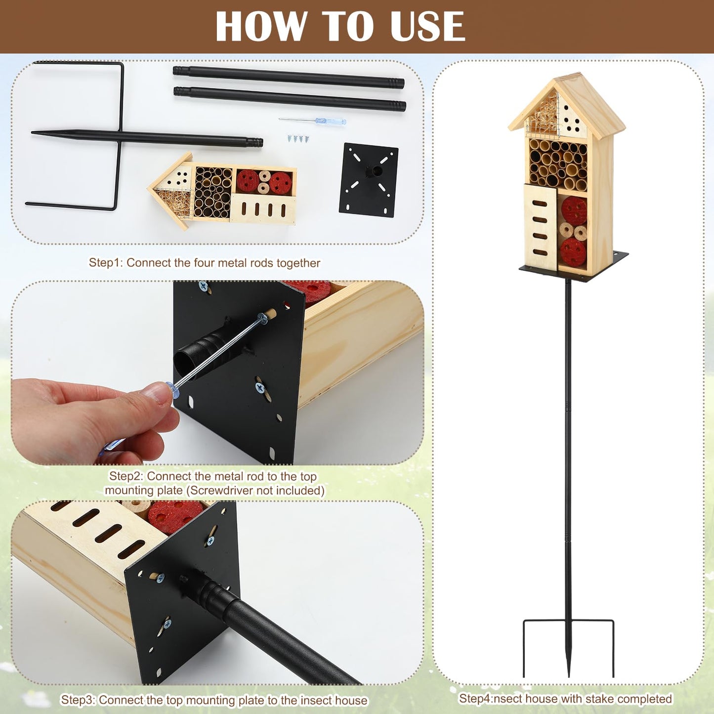 Novabright Wooden Insect House with Metal Stake Insect Hotel Bee House Natural Bug Habitat for Bee Butterfly Ladybirds Beneficial Bug Outdoor Garden Backyard