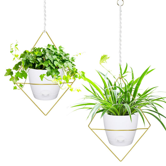 Hanging Planters for Indoor Plants, 2 Set Self Watering Hanging Flower Pots, Modern Hanging Plant Baskets with Metal Plant Holder & 6.5 Inch Plastic Pots for Garden Home Decor (Gold Frame White Pot)