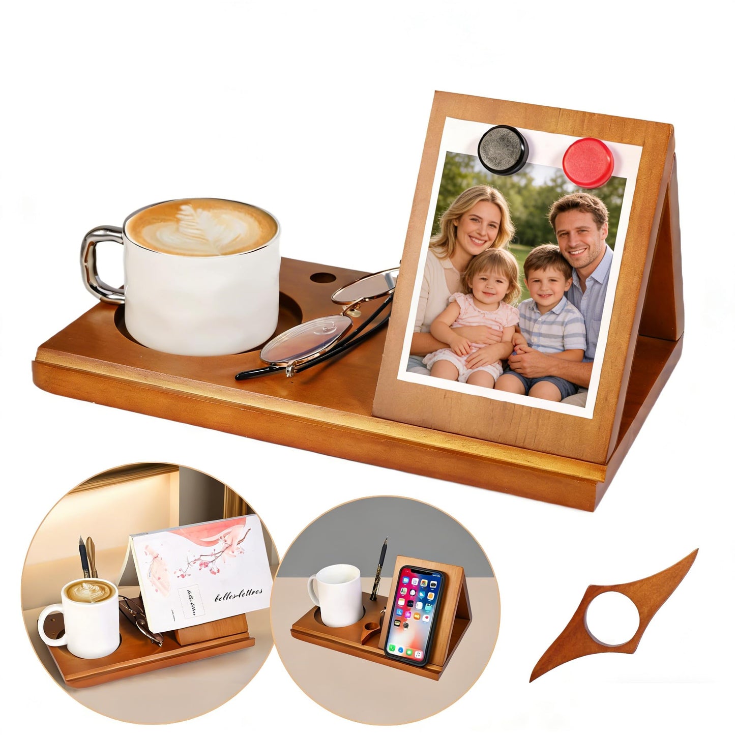 Wood Desktop Book Stand for Reading Rest Birthday and Mothers Day Gifts, Book Page Holder Thumb Bookmark,Magnet Couple Photo or Note, Book Accessories, Triangle Book Nook with Cup for Book Lovers