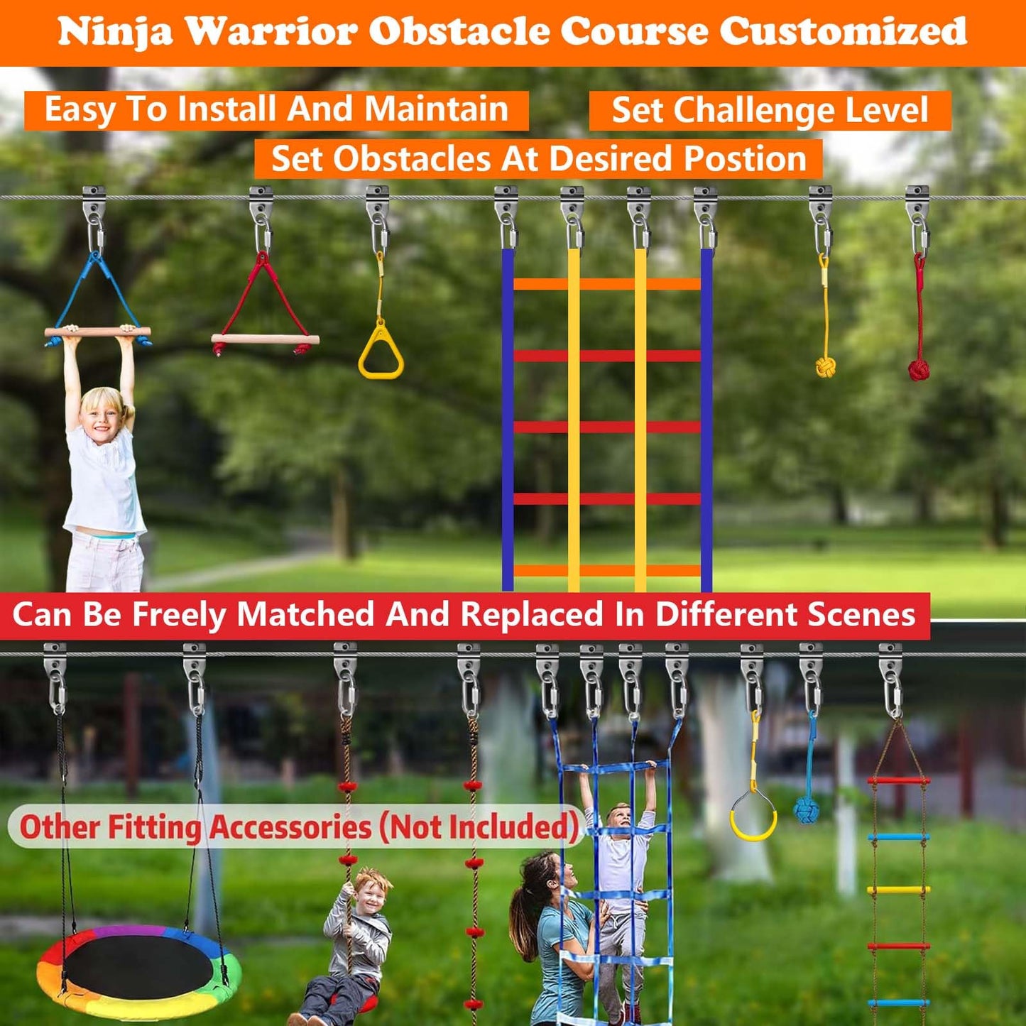 SZHTMZXC Ninja Warrior Obstacle Course for Kids Backyard Outdoor, 55ft Stainless Steel Main Cable, No Sagging, No Fraying, Weatherproof, 15 Ninja Training Accessories, Climbing Net, Swing, Wheel