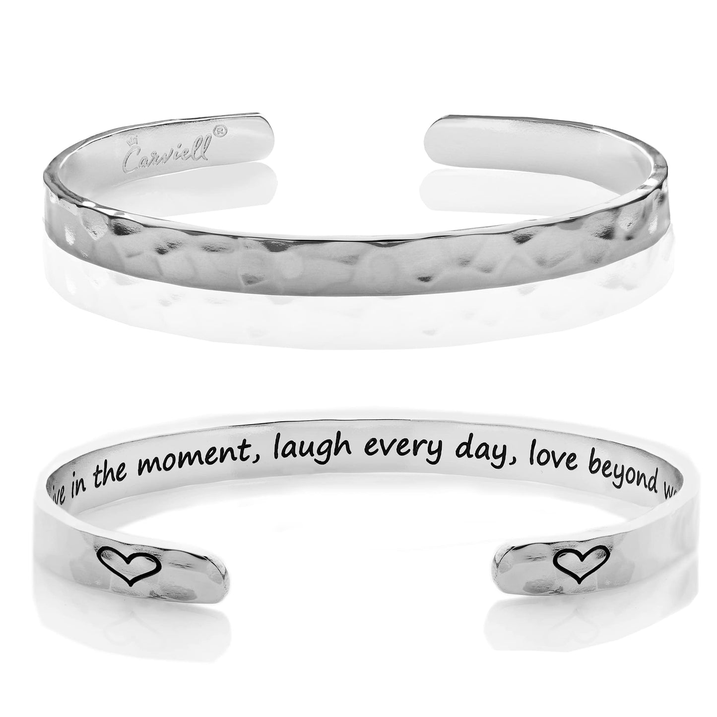 Carviell Stainless Steel Bracelet, Positive Vibes Bangle, Hammered Silver Cuff, Engraved Mantra, Stress Relief Gift for Young Adults Women, Cousin, Sister, Daughter, Niece, Granddaughter