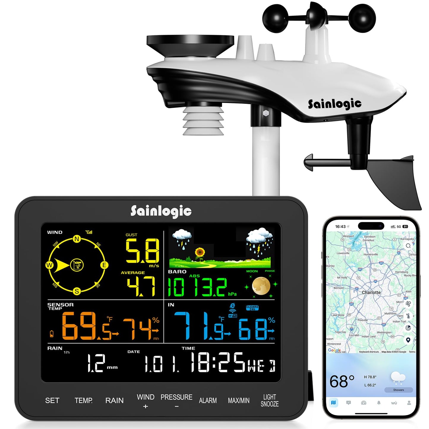Sainlogic Smart WiFi Weather Stations Wireless Indoor Outdoor SA6 Plus,24/7 AI Weather Forecast by Weatherseed®,APP Alert,Weather Station with Rain Gauge and Wind Speed,2-Year Data Storage（Only 2.4G）