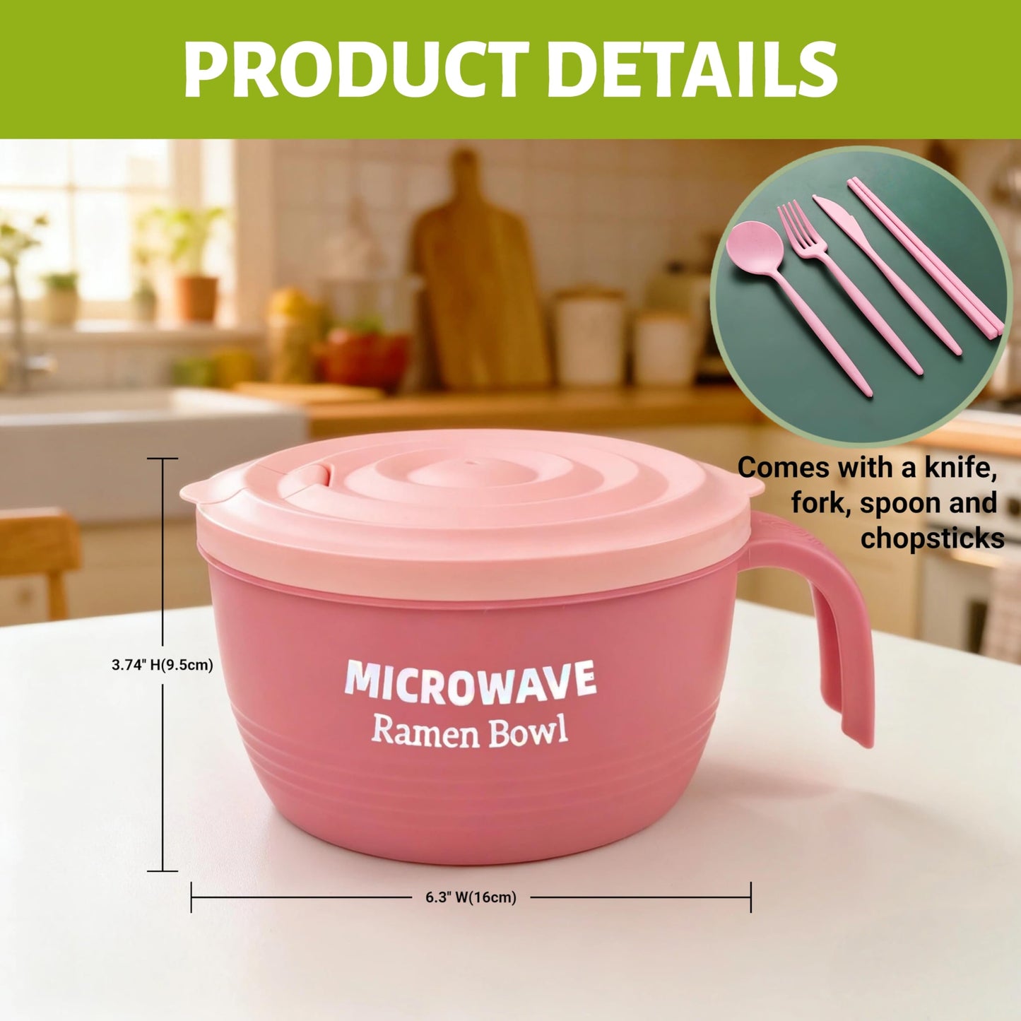 Layron Large Ramen Bowl Set, Ramen Noodle Bowls Microwavable 45 oz, Ramen Cooker, Microwave Pasta Cooker, Ramen Bowl Microwave Gift for College Boys Girls Male Female Dorm Room (pink)