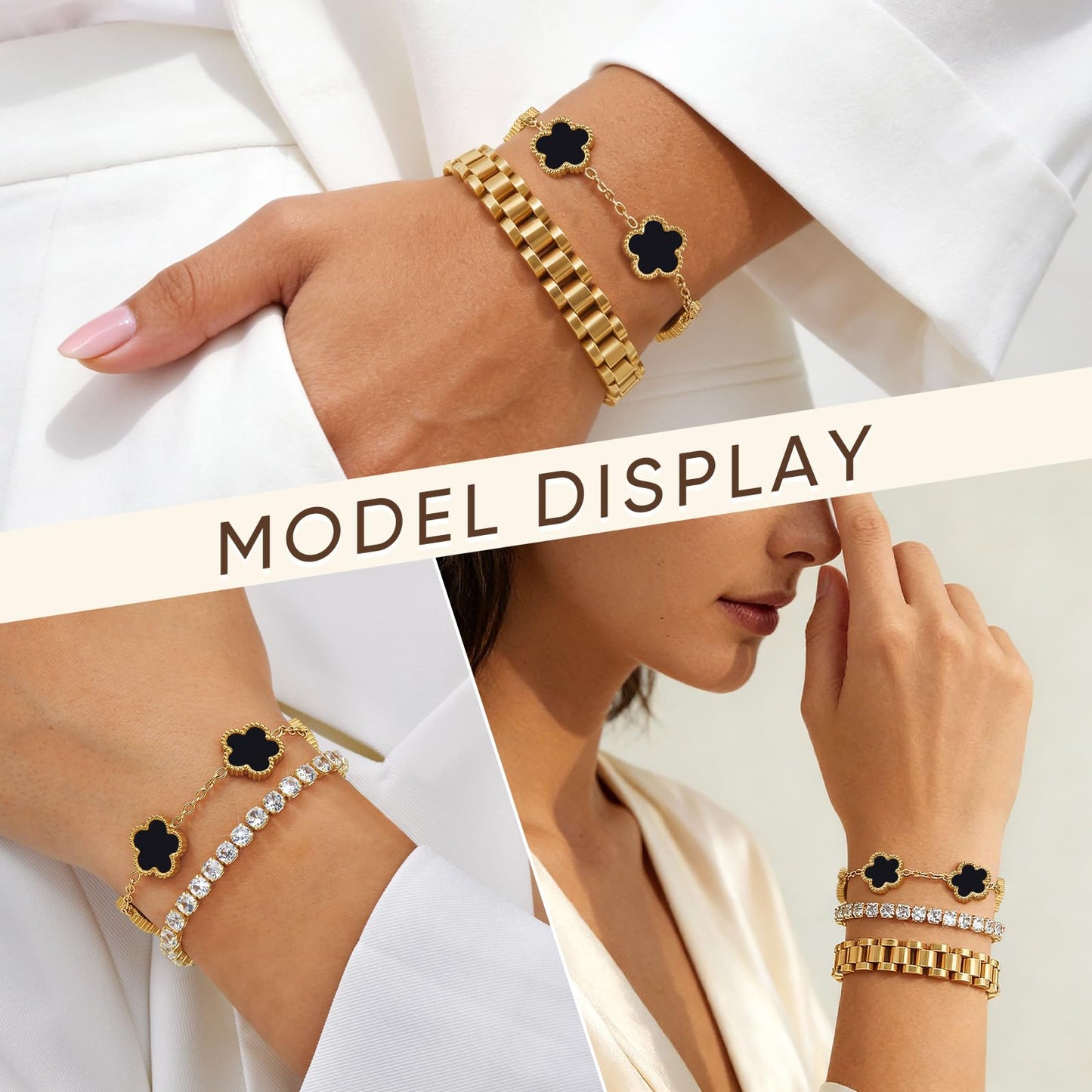 Stackable Gold Floral Bracelets Set - 3pcs 18K Gold Plated Bracelet Non-tarnish,Stainless Steel Link Chain Friendship Bracelet,Watch Band Trendy Jewelry,Christmas Valentines Birthday Gifts for Women