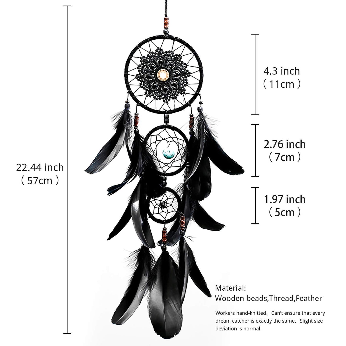Pretty Jolly Black Gothic Dream Catcher Wall Decor Handmade Woven Feather Macrame Dream Catchers Wall Hanging for Bedroom,Living Room,Wedding Party,Home Decor-Black 3 Rings 22.4"