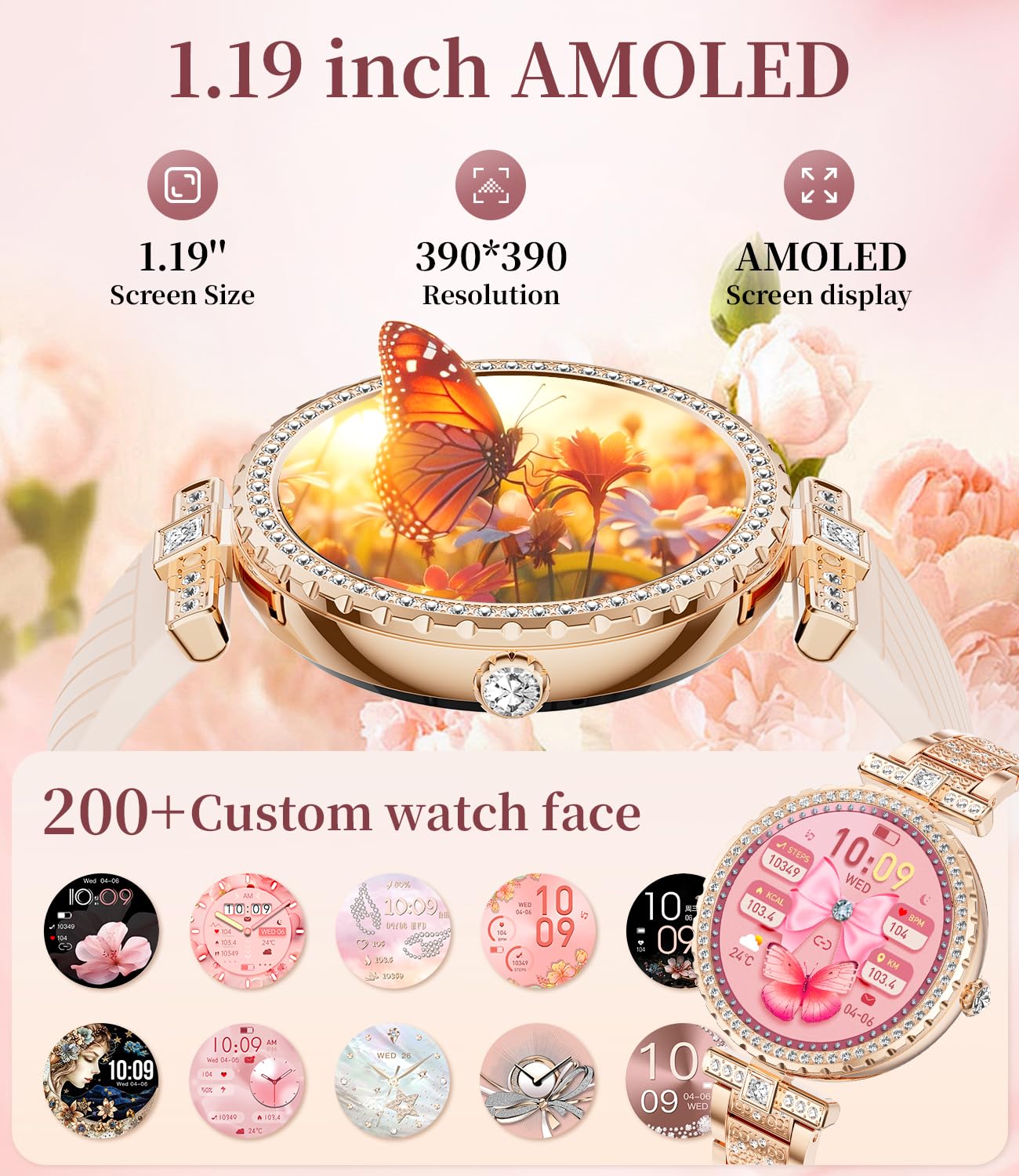 ESFOE Smart Watches for Women,1.19” AMOLED Smart Watch Women Answer Make Calls,IP68 Waterproof Fitness Tracker,Heart Rate Sleep Monitor,100+ Sports Pedometer Watch for Android iOS Phone,Gift,Rose Gold