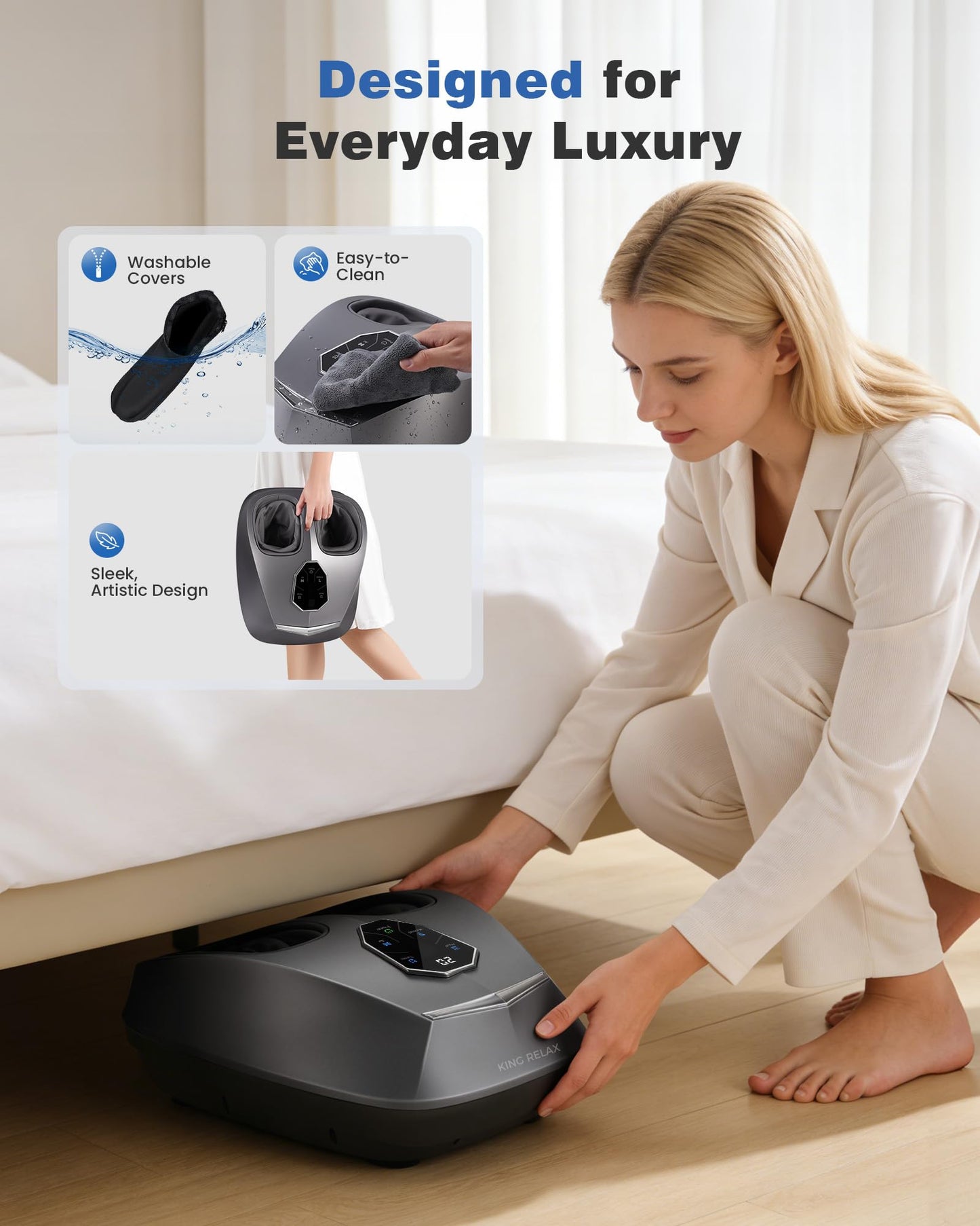 KING RELAX Shiatsu Foot Massager with Heat, 2026 Upgraded Deep Kneading and Squeeze Massage for Plantar Fasciitis, LCD Touch Panel & Remote Control, Modern Sculpted Design, Fits Up to Men Size 14 Gray
