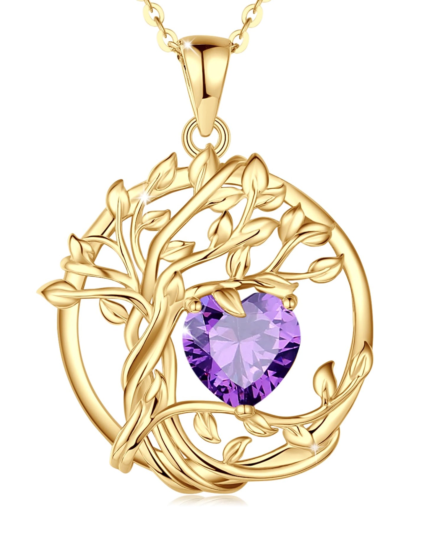 FANCIME Tree of life Birthstone necklace Sterling Silver Yellow Gold Plated Amethyst Pendant February Birthstone Purple Gemstone Jewelry Birthday Mothers Day Gifts for Wife Women Her