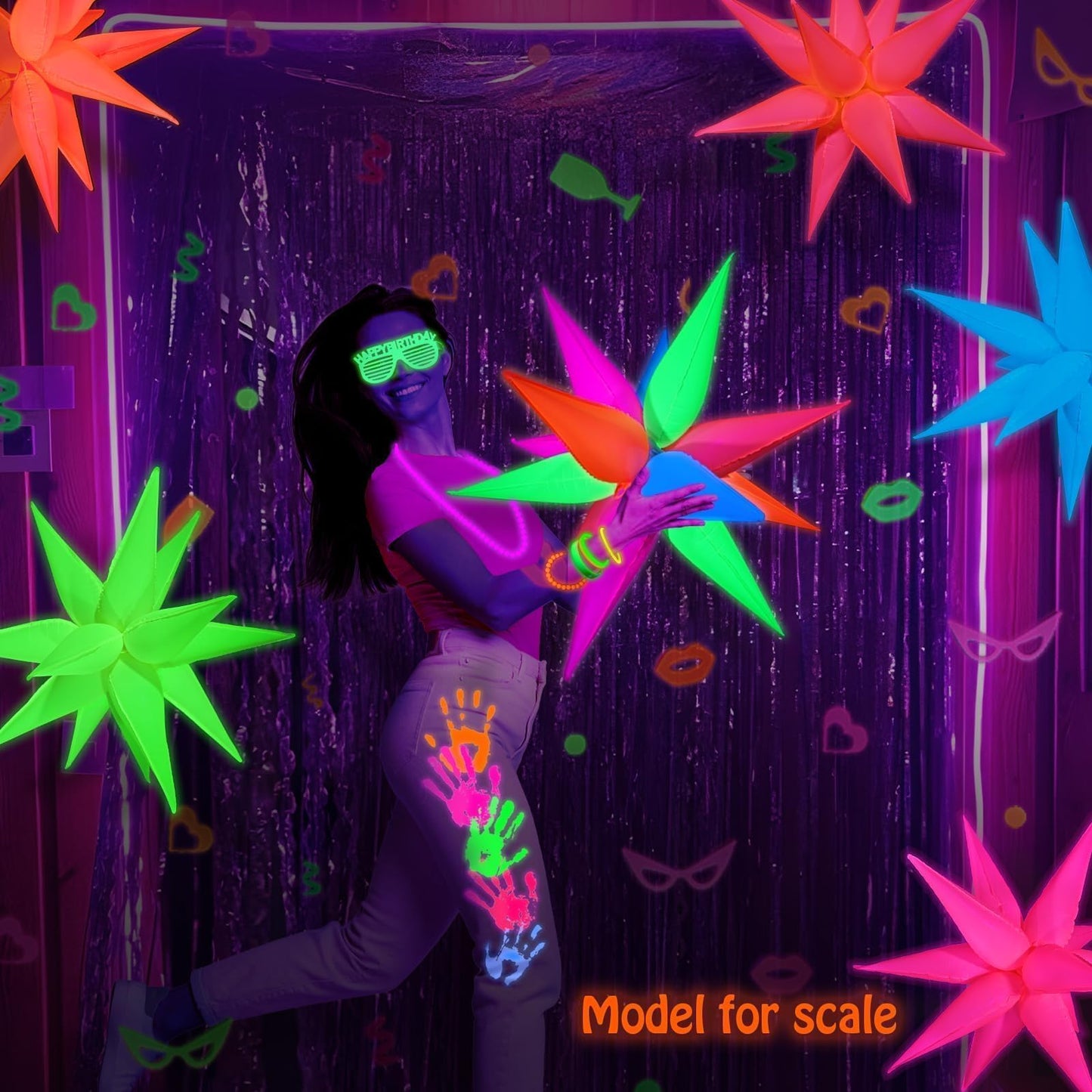 Mega-L Glow in The Dark Party Supplies, 5 Pcs Neon Explosion Star Balloons Kit, Neon Party Decorations, DIY Neon Balloon with 12 point Cone Balloons for Birthday Wedding Graduation