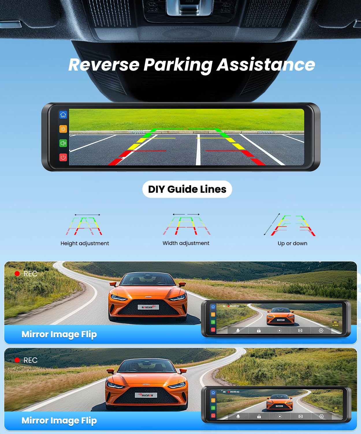 4K Rear View Mirror Camera with Carplay & Android Auto: 11.26" Smart Touch Screen Mirror Dash Cam Front and Rear with Voice Control, Parking Monitor, Reverse Assist for Car Truck SUV Van (64GB Card)