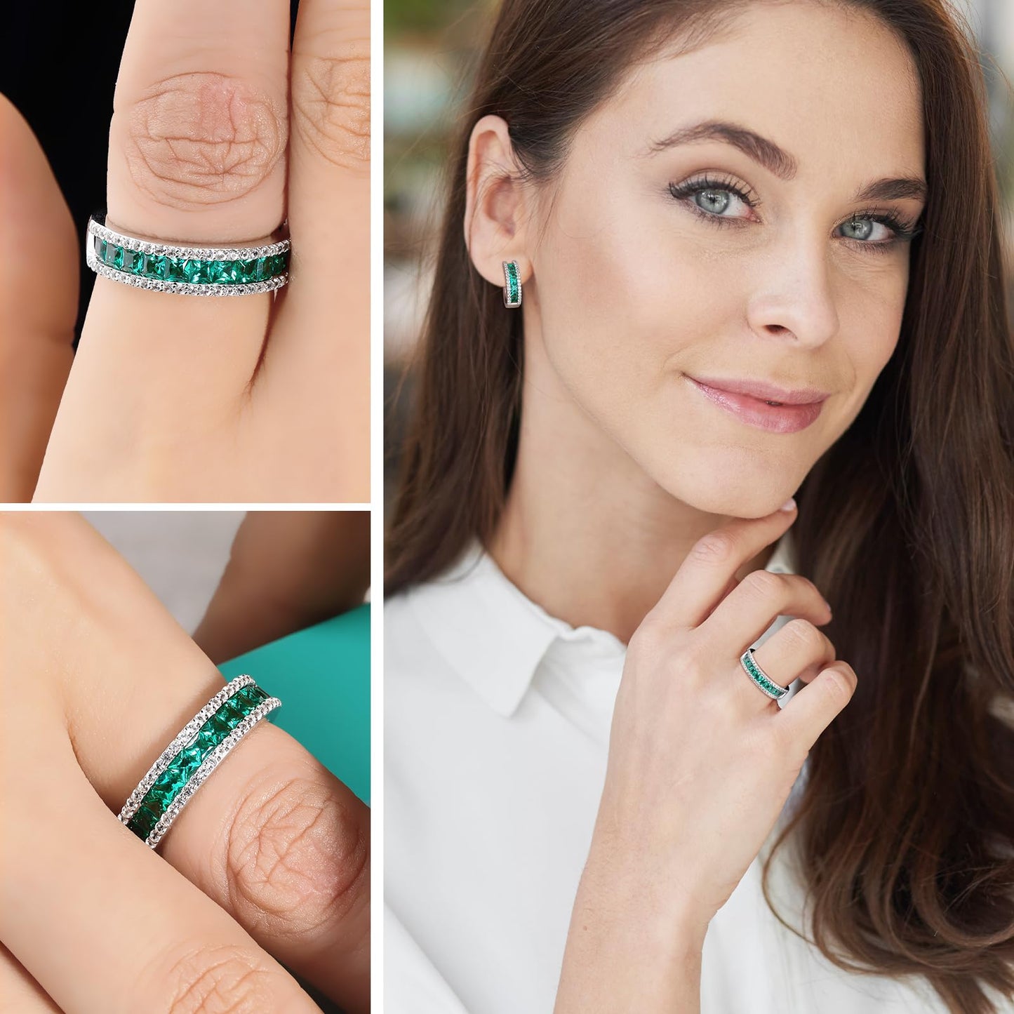RANDES Created Emerald Engagement Ring 925 Sterling Silver Emerald Green Stone Ring Eternity Band Rings for Women Size 9.5