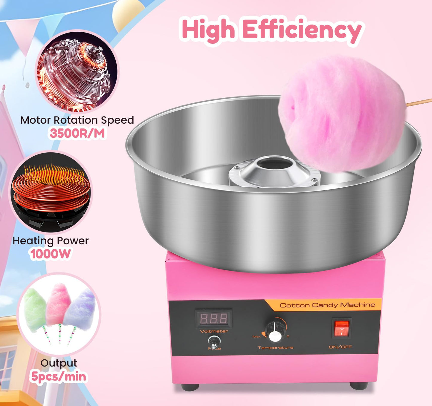 Cotton Candy Machine Commercial & Cotton Candy Cones for Cotton Candy Making, Candy Floss Machine with Stainless Steel Bowl and Sugar Scoop, 60PCS Colorful Sticks for Kids Birthday, Family Party