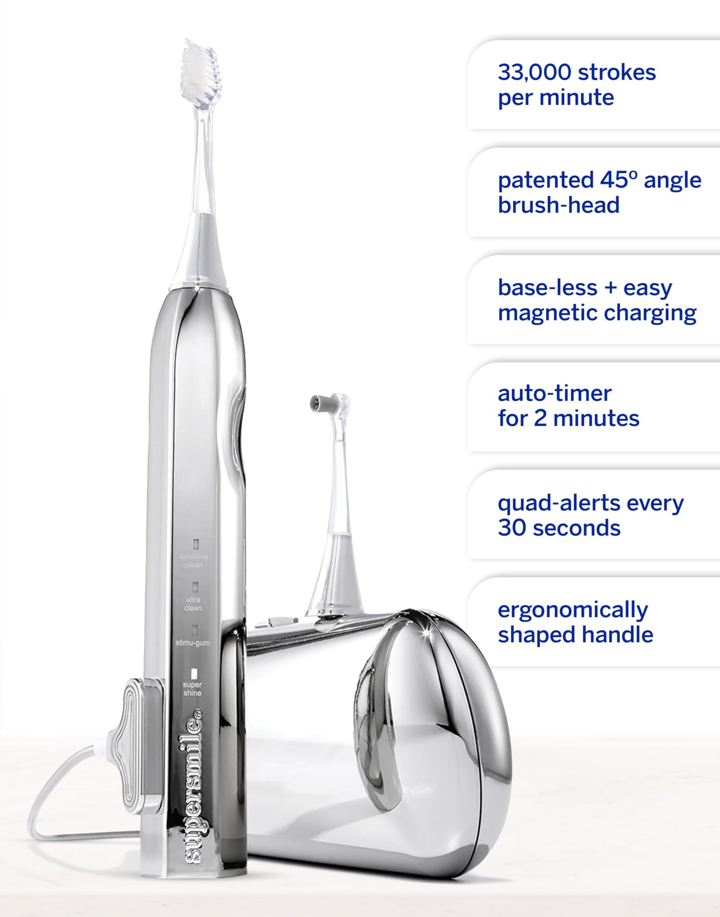 Supersmile Zina45™ Deluxe Sonic Pulse Toothbrush – Rechargeable Electric Brush with Angled Head & Travel Case – for Whiter Teeth and Healthier Gums, Silver