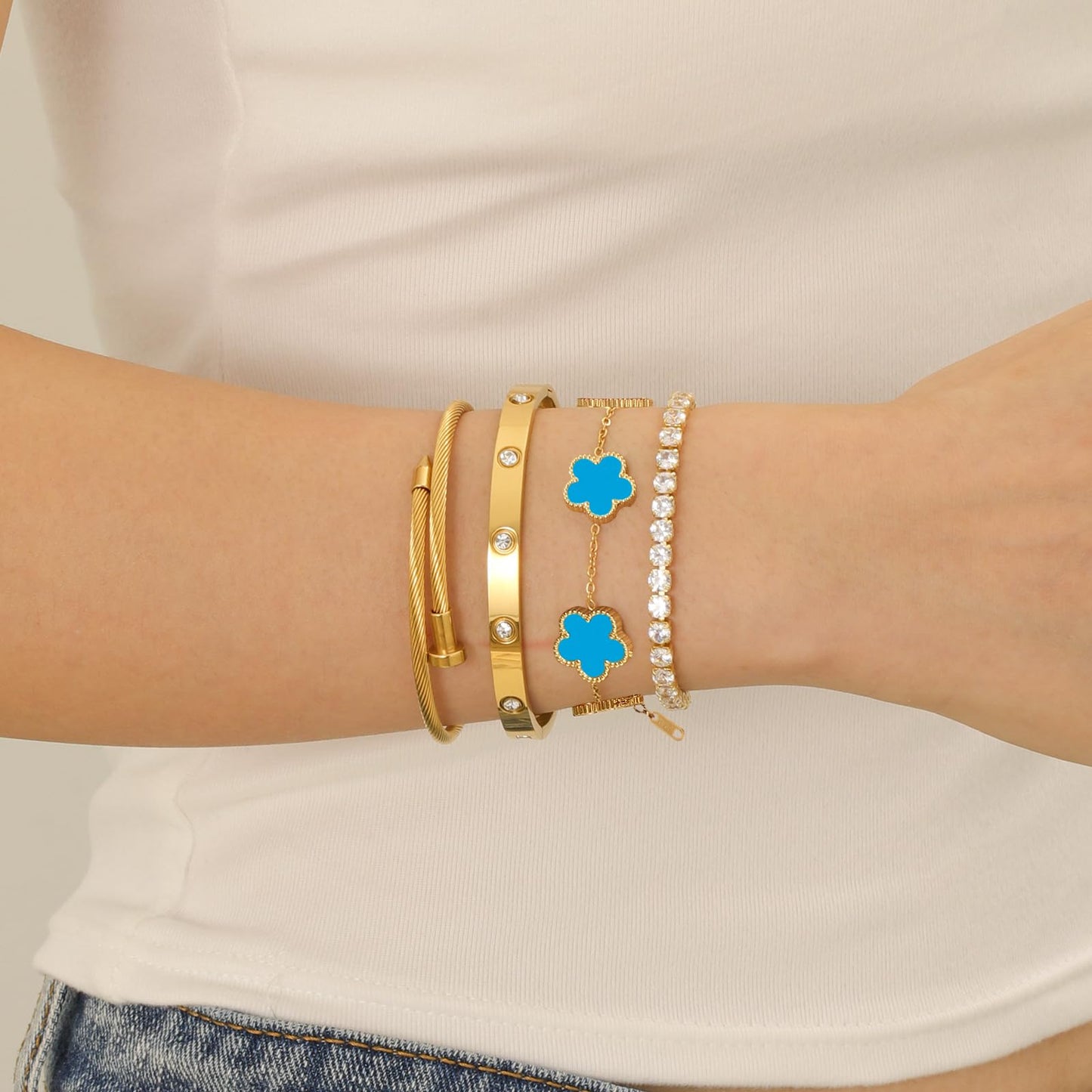 Gold Bracelets for Women, 18K Gold Plated Women Tennis Bracelets Clover Nail Love Bangle Bracelet Set, Gold Bracelet Stackable Set Trendy Jewelry, Gifts for Women's Day and Mother's Day (01-Color-blue)