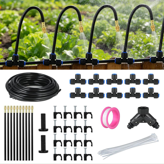 33FT Drip Irrigation System for Garden: 10 Nozzles 1/4" PE Tubing Automatic Watering Kit Adjustable Misting Sprinkler Mister Hose for Water Plants Tape Raised Beds Lawn Outdoor Yard Greenhouse