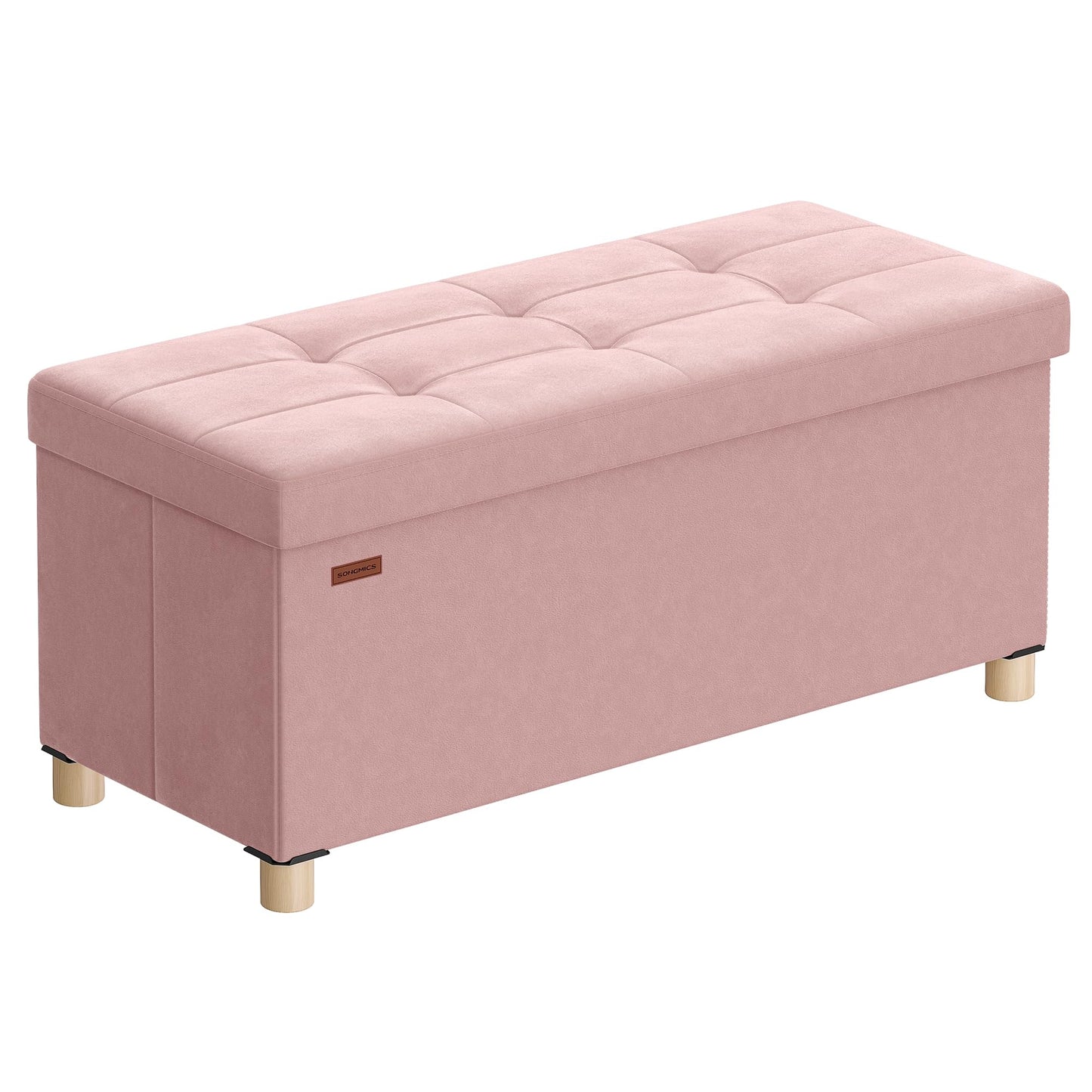 SONGMICS Storage Ottoman Bench, Folding Storage Chest, 15 x 30 x 15.2 Inches, Foot Rest Stool, 20 Gal. (77 L), Velvet Surface, for Bedroom, Entryway, Living Room, Jelly Pink ULSF0517R01