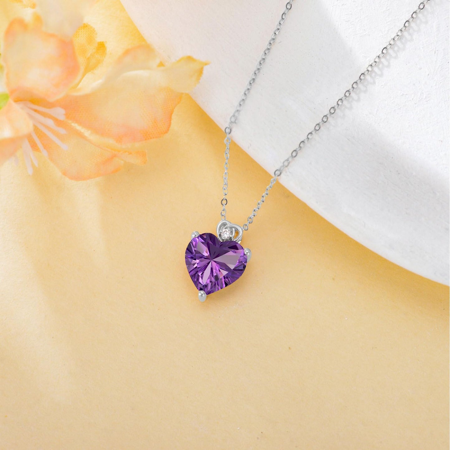 NFYBD 14k White Gold Love Heart Amethyst Birthstone Pendant Necklace for Women 3 Carat Heart-cut Created Gemstone Anniversary Birthday Mother's Day Necklaces for Her-feb