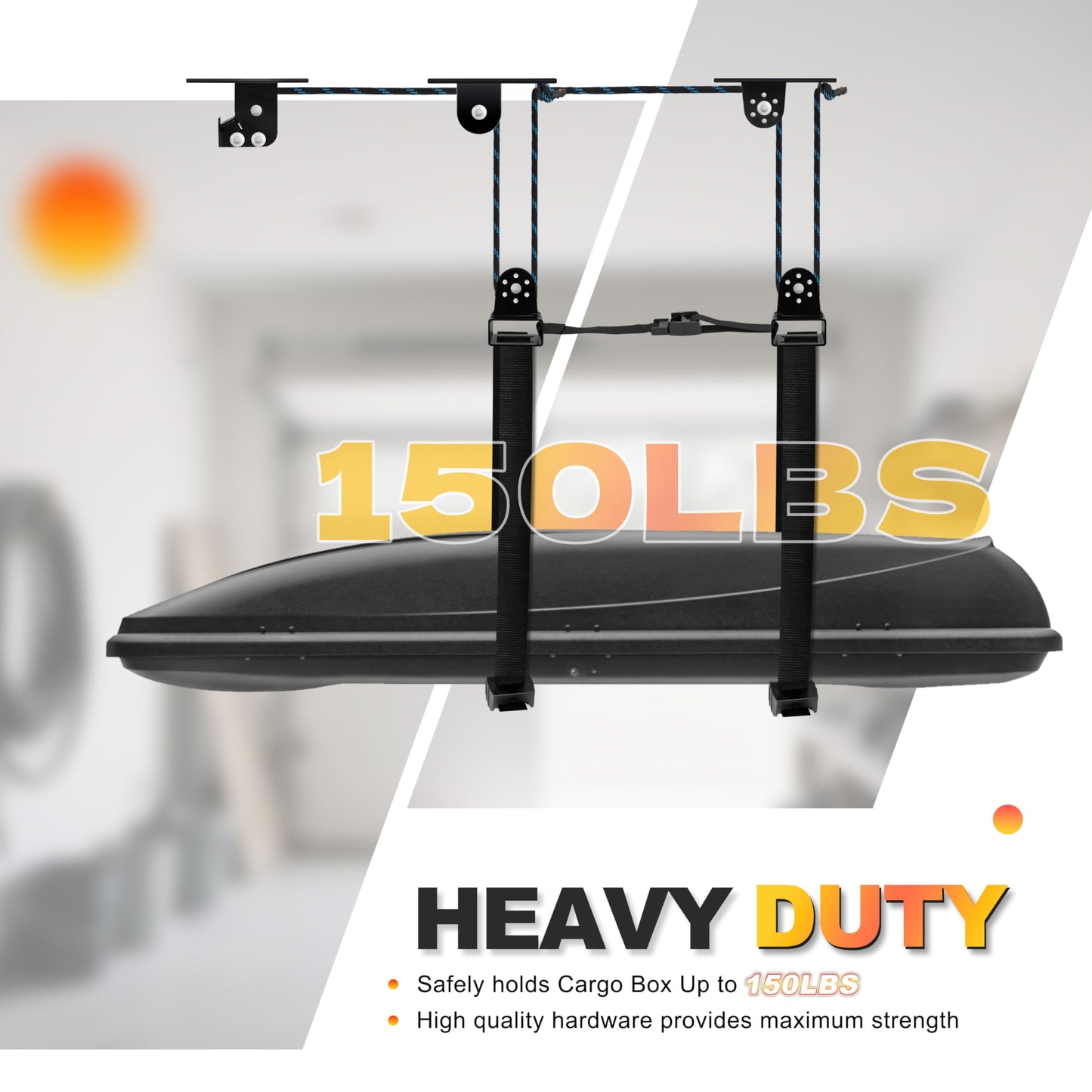 Hikeen Ceiling Hoist for Cargo Box, Heavy Duty Garage Storage Lift Pulley System Holds Up to 150 lbs Capacity, Fits 10-14 Foot Tall Garage Ceilings
