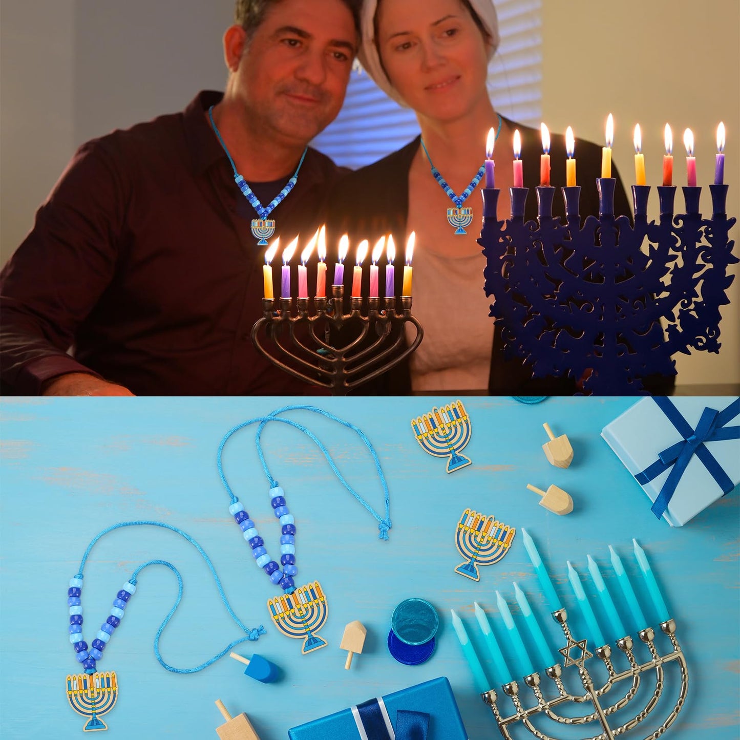Ecally 24 Sets Hanukkah Craft Kits Hanukkah Menorah Bead Necklace Craft Make Your Own Chanukah Necklace for Jewish Gifts Festival Activities Home DIY Party Decorations