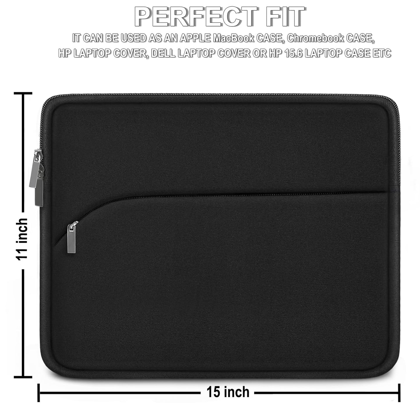 Laptop Sleeve 15 inch, Portable Monitor Protective Cover with Front Pocket, Laptop Case for 2023 MacBook Air 15 inch M2 A2941/Pro A1990 A1707, Computer Bag for HP ASUS Dell Acer Lenovo, Black